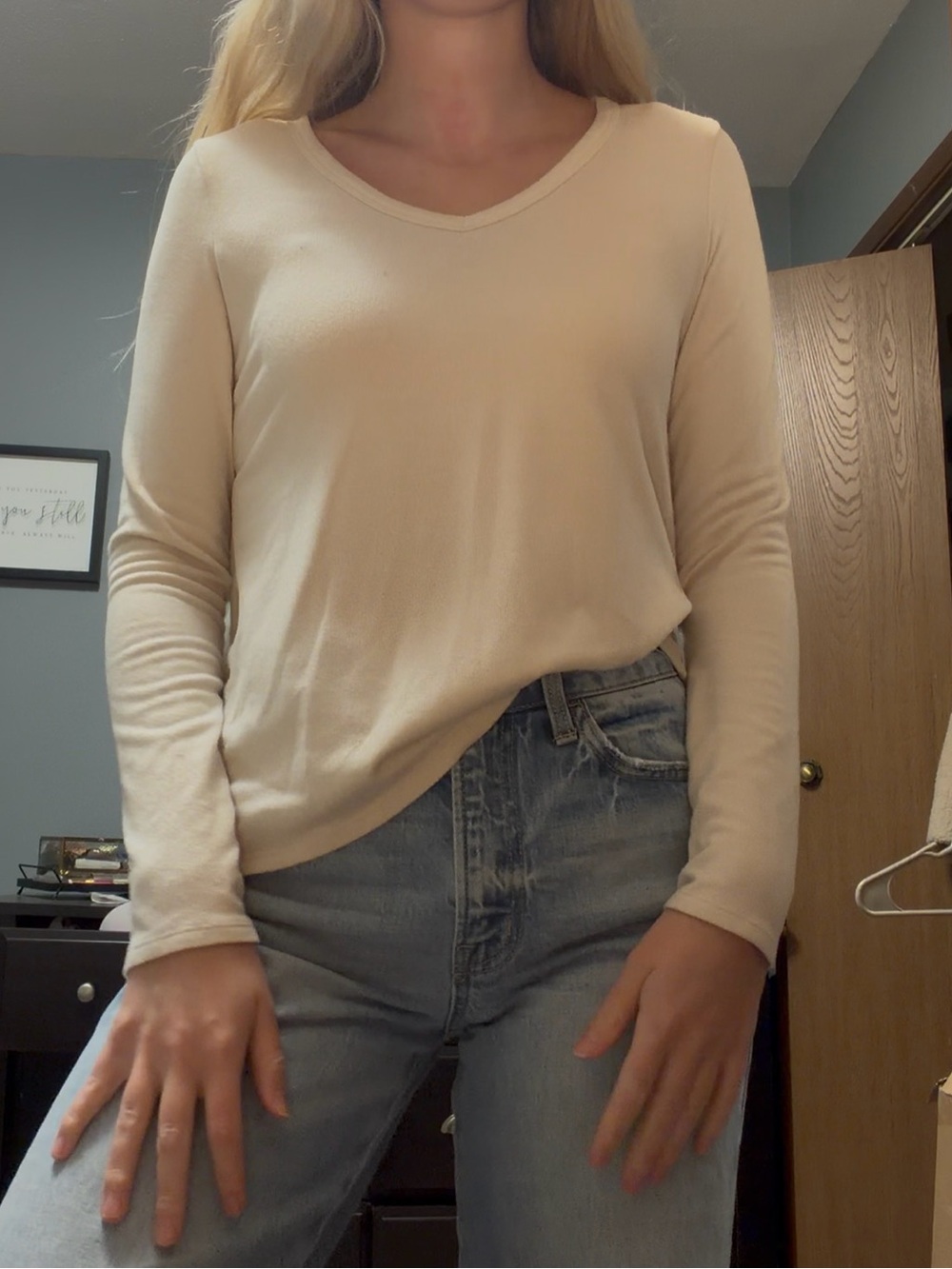 American Eagle Outfitters Lightweight V-Neck Long Sleeve Top in Cream